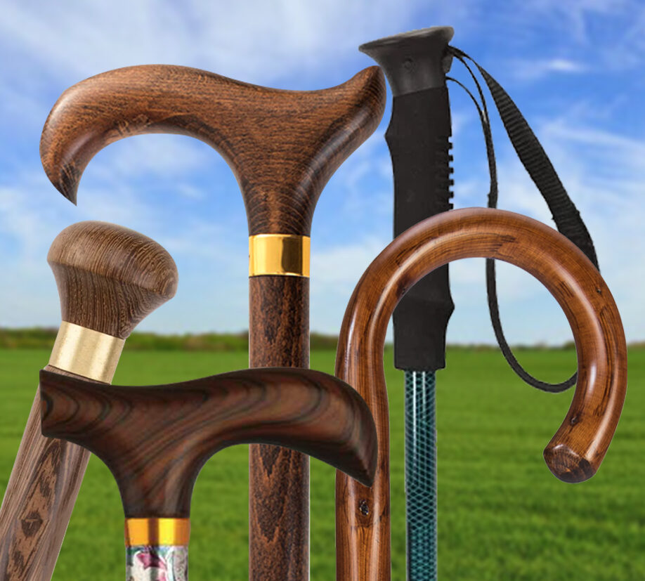 Assortment of wooden and ergonomic walking sticks with different handle styles displayed outdoors.