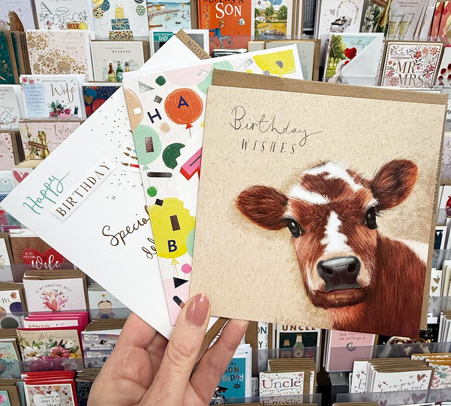 Hand holding three colourful birthday cards, including one with a cow illustration, in front of a greeting card display.